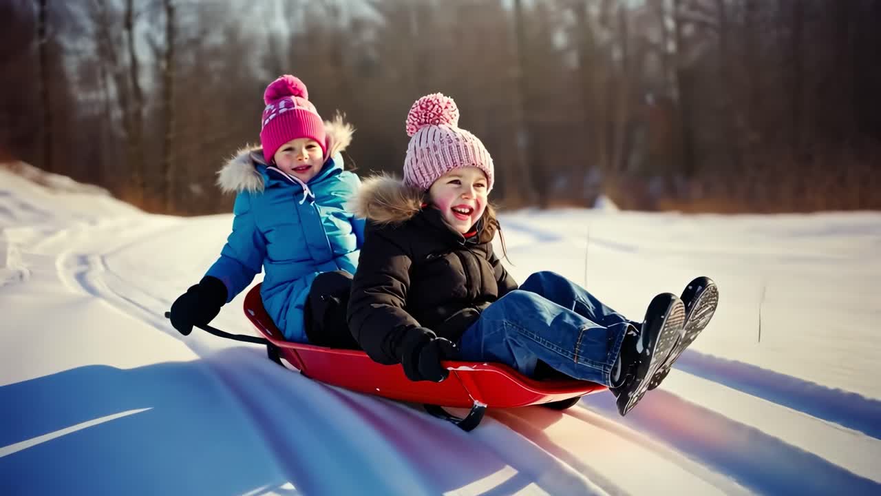 Two children in winter clothes joyfully sledding on snow, captured from a low angle