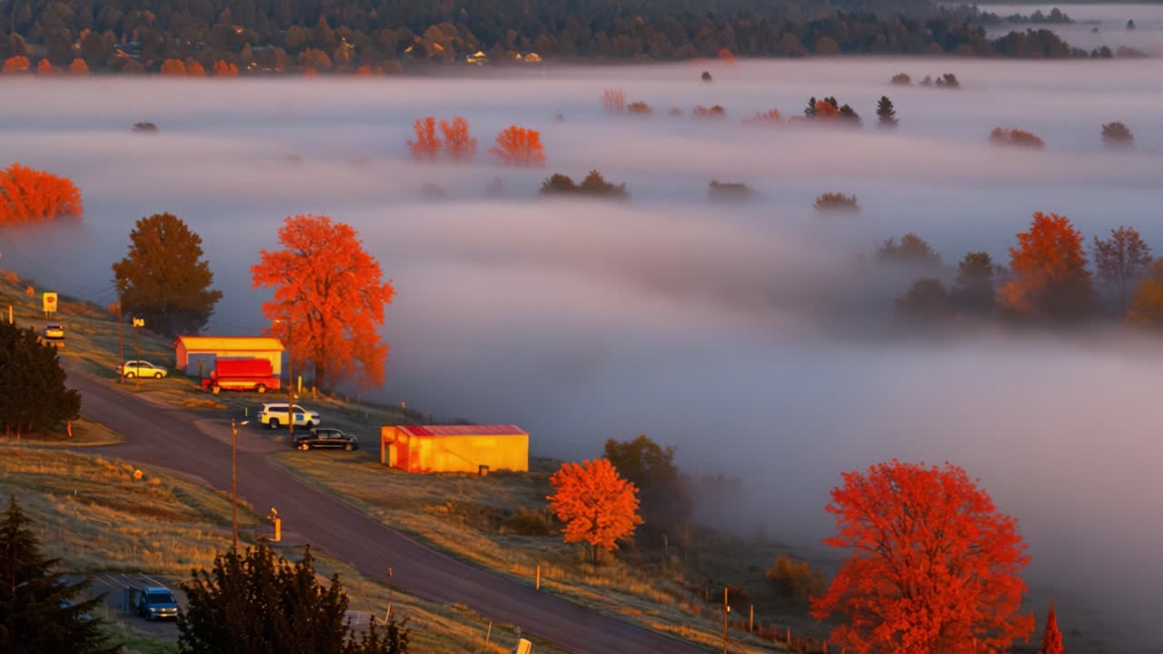Breathtaking Autumn Landscape: A Serene Morning Above a Misty Valley with Vibrant Red Trees and Soft Fog Enveloping a Peaceful Countryside Road