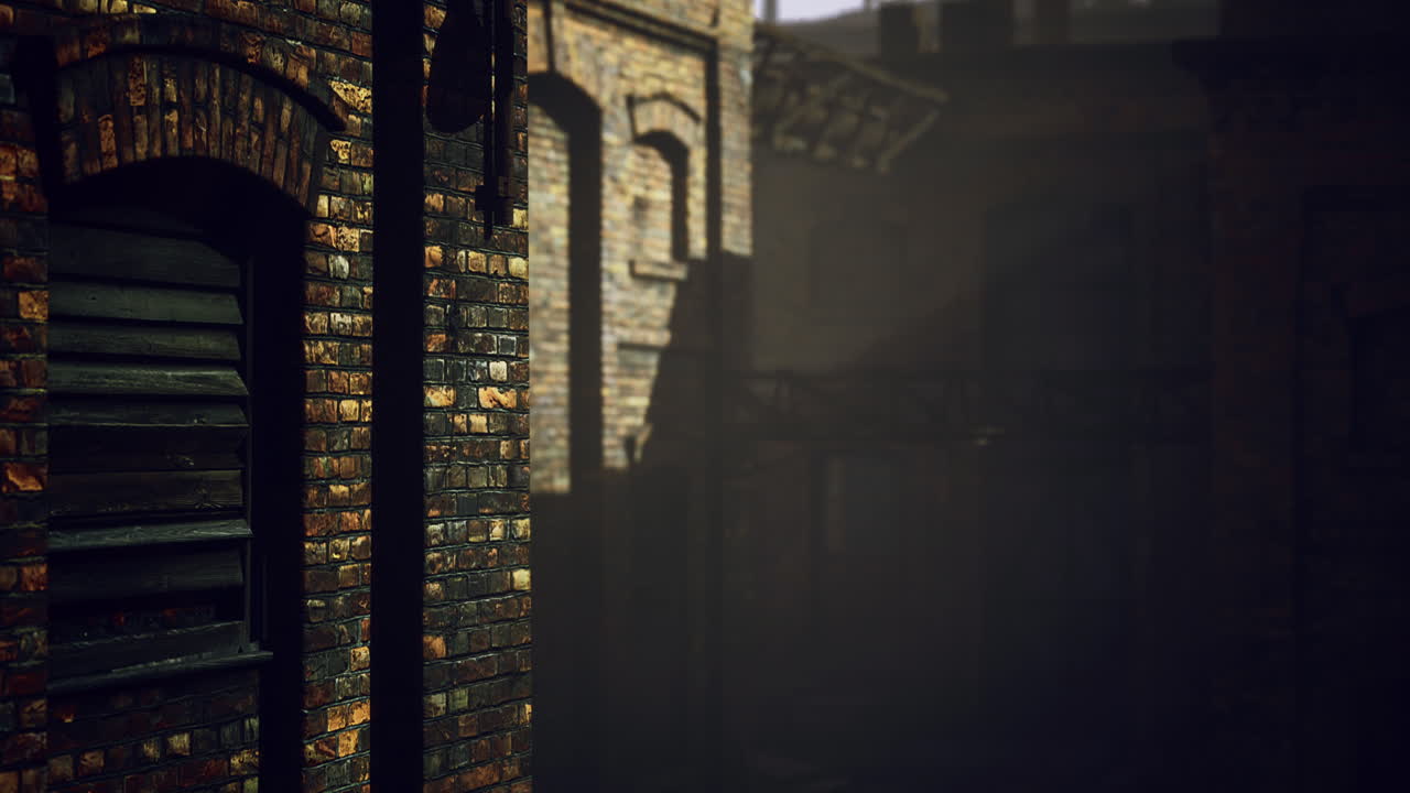 Mysterious alley with brick walls in faint light during twilight hours