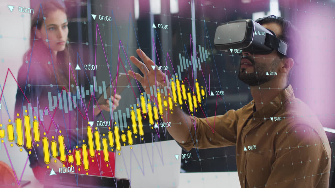 Animation of financial data processing over diverse businesspeople in office