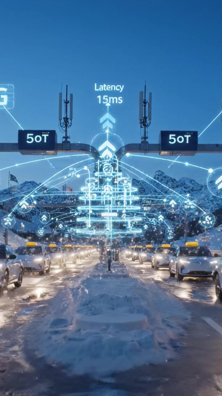Illuminated Smart Highway with Traffic Signals and Latency Indicators in a Snowy Mountain Landscape During Dusk Providing Modern Connectivity Solutions