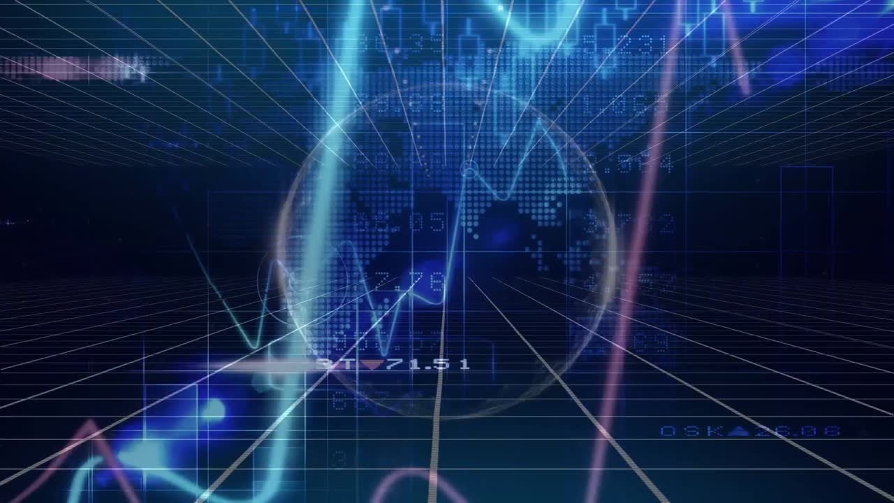 검은 바탕 위의 데이터 처리 및 지구의 애니메이션