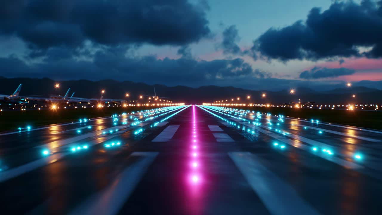 Illuminated Runway at Dusk: A Captivating View of Bright Lights Reflecting on Wet Surfaces, Creating a Stunning Aesthetic in the Twilight Sky with Background Aircraft Awaiting Takeoff