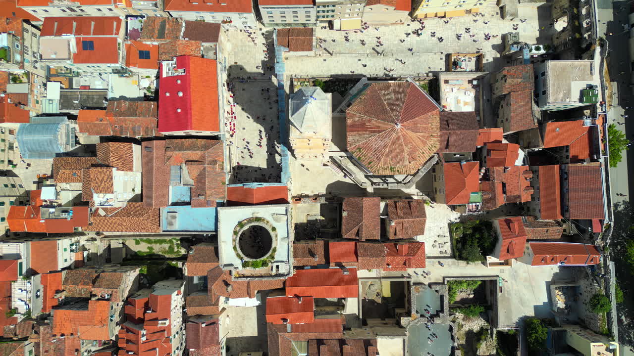 Aerial, drone view of the Saint Domnius Cathedral in Split, Croatia