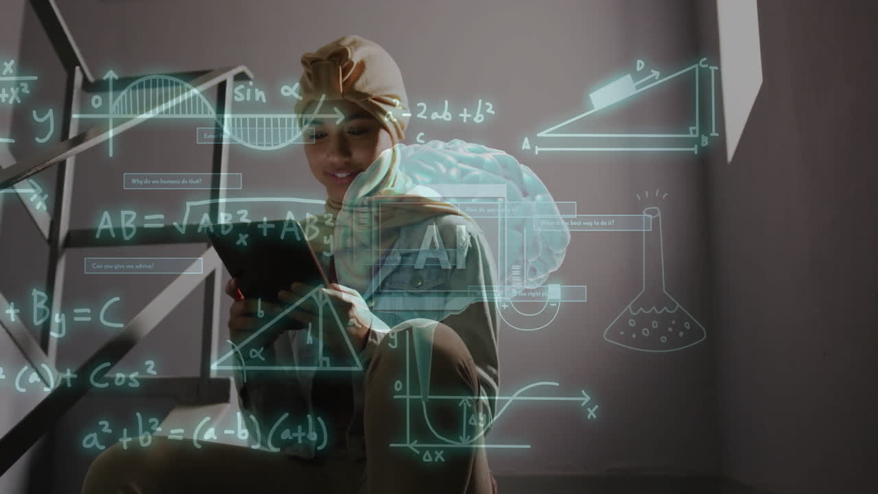 Animation of scientific data processing over biracial woman in hijab using laptop