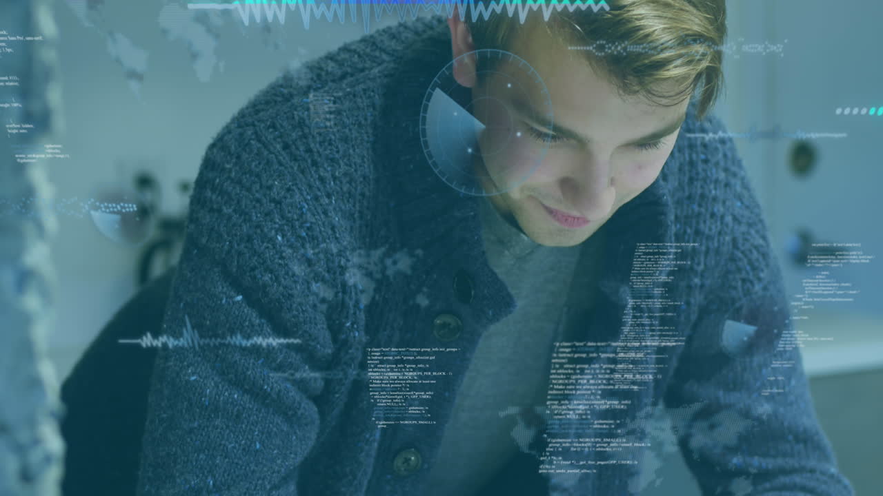 Animation of scope scanning and data processing over man using smartphone