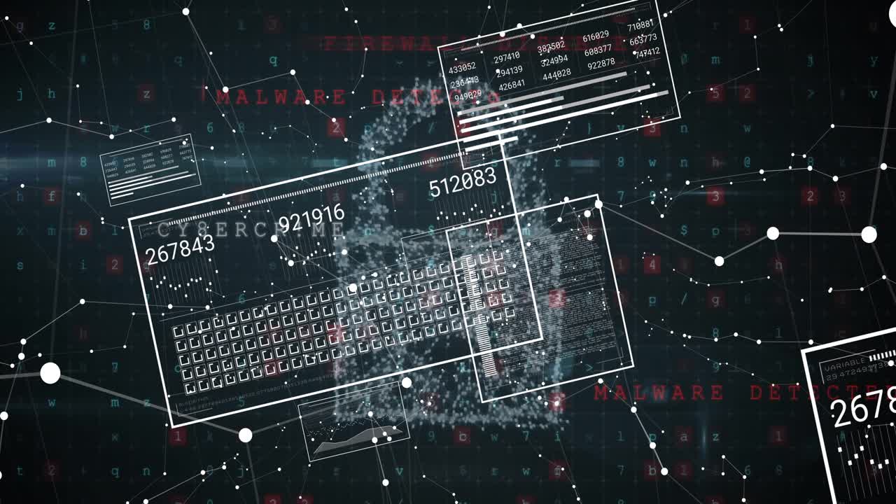 Animation of digital data processing over padlock on dark background