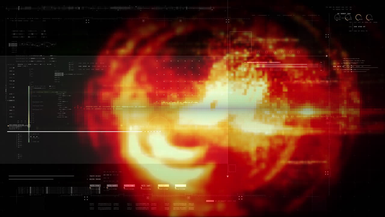 Matrice di display futuristica, telemetria di dati digitali hi-tech con numeri crittografati, sfondo dinamico del display per formato di visualizzazione dello schermo desktop del computer