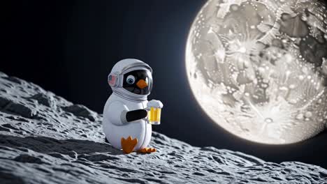 astronauta pingüino bebiendo cerveza en la luna