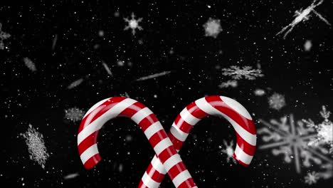 Animation-of-candy-canes-over-snow-falling-on-black-background