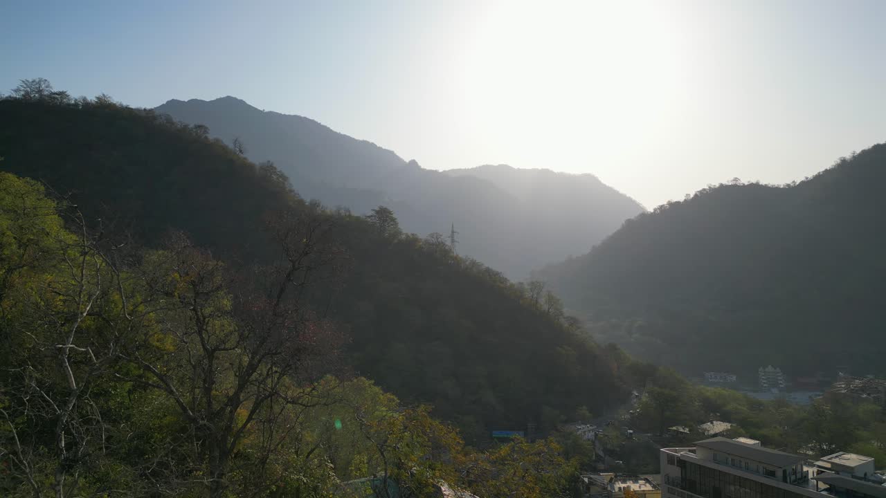 morning Rishikesh drone moving closer to wide view in India
