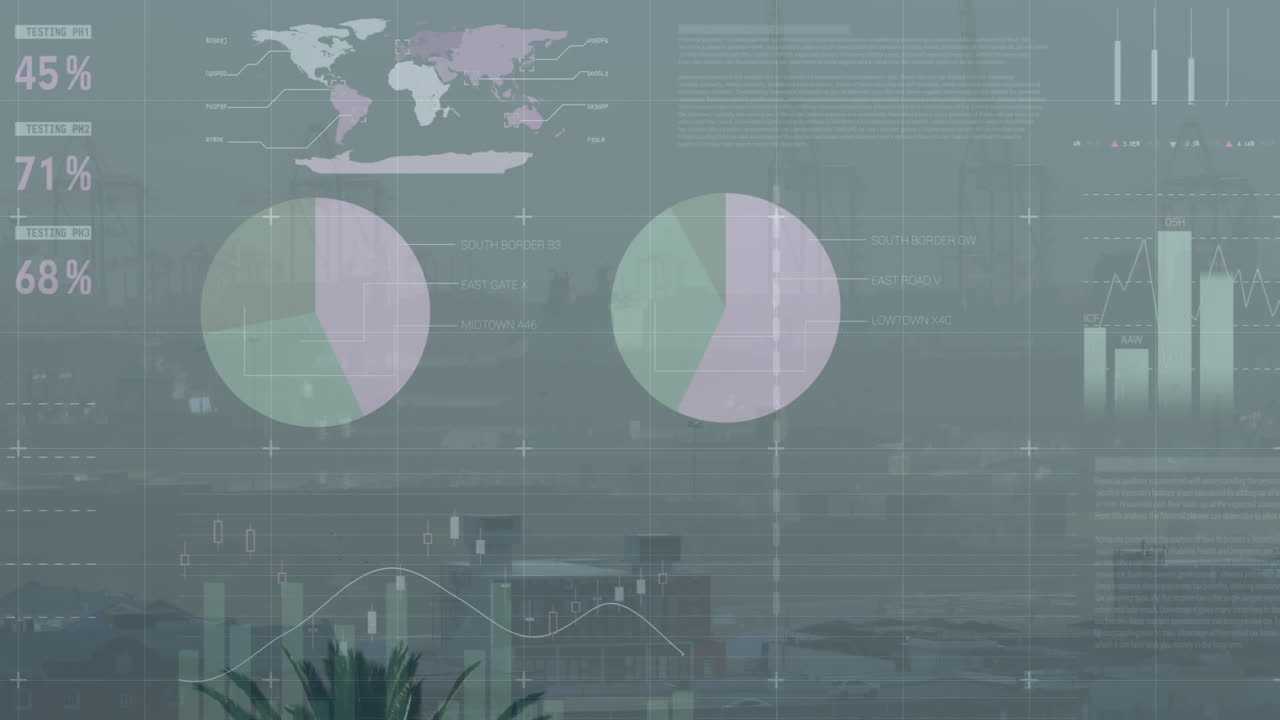 animación de la interfaz infográfica sobre la niebla cubierta paisaje urbano moderno contra el cielo