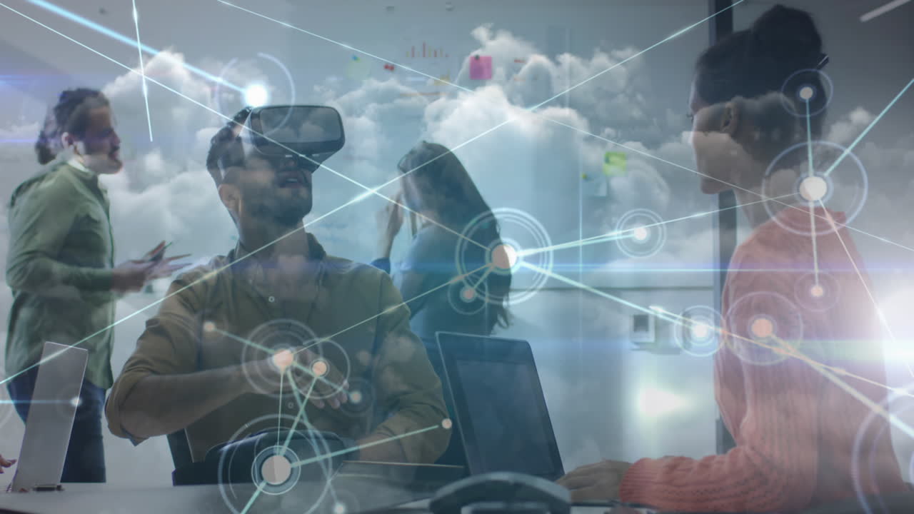 Animation of network of connections over diverse business people with vr headset