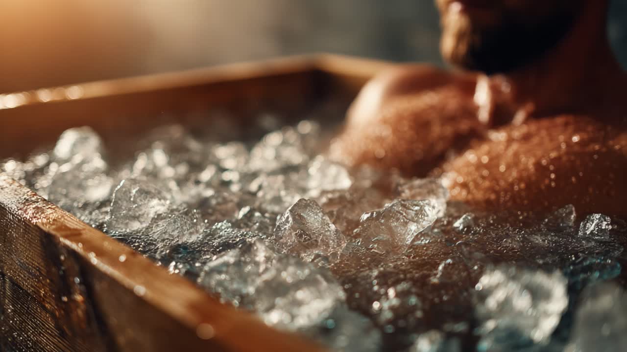 A refreshing ice bath experience showcasing a man submerged in a wooden tub filled with glistening ice cubes, offering a glimpse into a calming and revitalizing moment