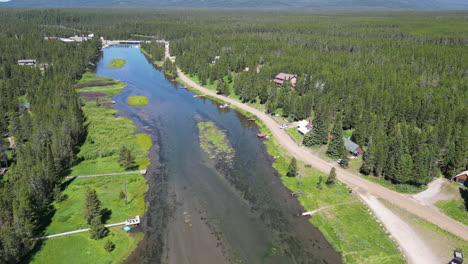 aerial view of fresh water river with water so clear you can see the river floor