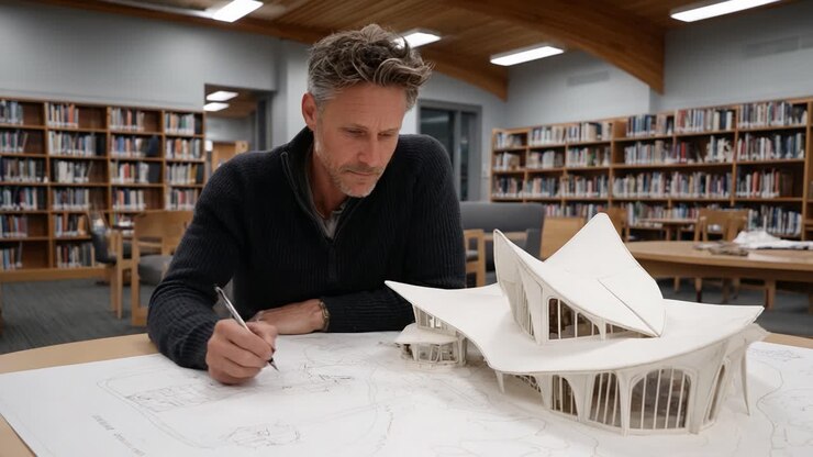 Architetto impegnato nel processo di design con modello innovativo in biblioteca, catturando l'essenza della creatività e dell'architettura contemporanea in un ambiente collaborativo