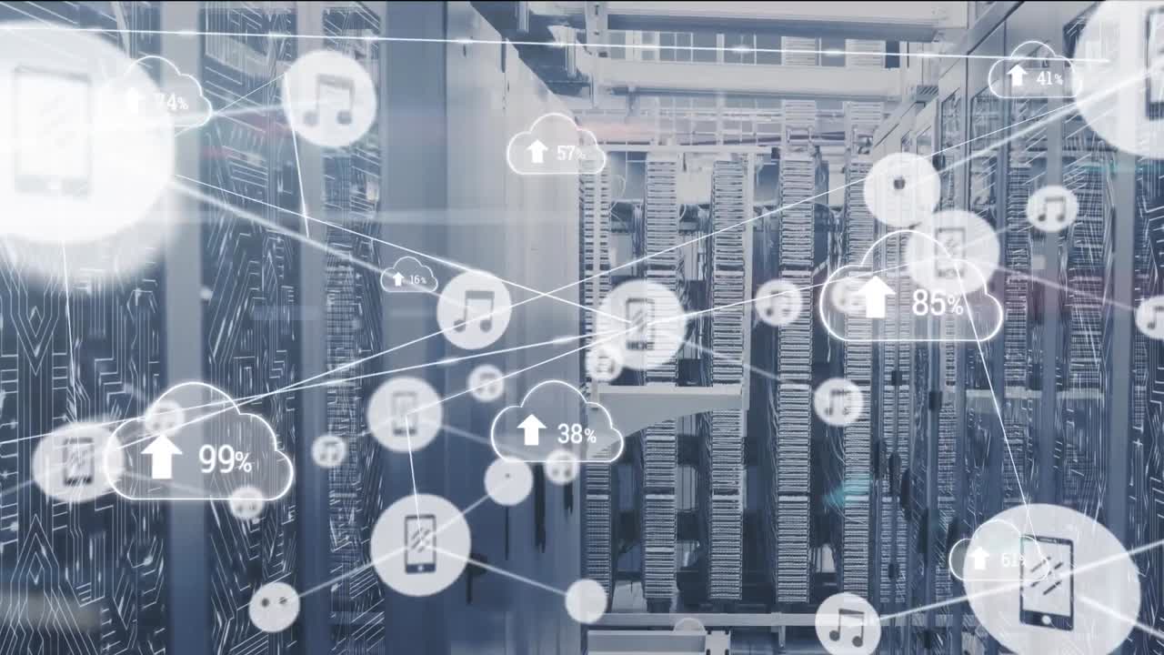Animation of network of connections with icons over computer servers