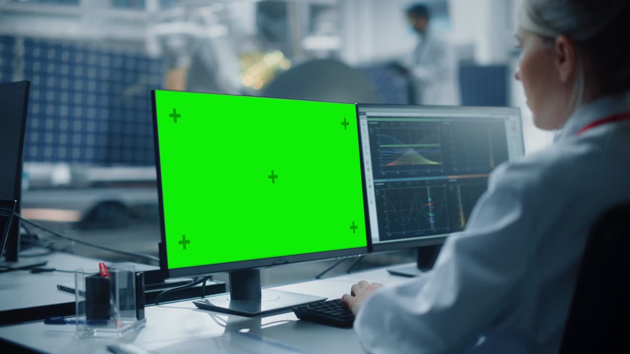 여성 엔지니어는 위성을 분석하기 위해 그린 스크린 컴퓨터를 사용합니다. 항공우주국 제조 시설: 과학자들이 우주 탐사 임무를 위해 우주선을 개발하고 조립합니다.