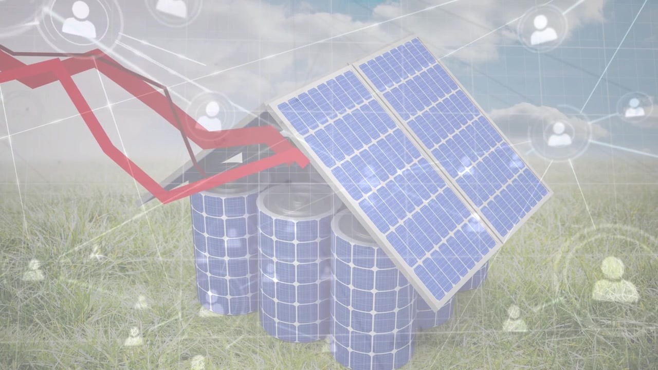 Animazione di una rete di connessioni su una casa fatta di pannelli solari.
