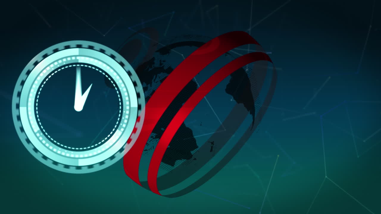 animación de reloj en movimiento y círculos rojos sobre globo giratorio sobre fondo azul