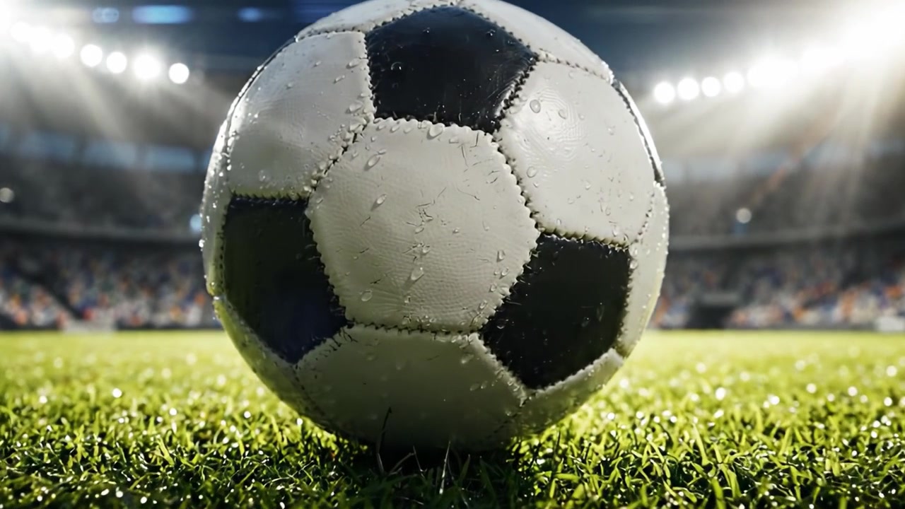 Lähikuva märästä jalkapallosta rehevällä nurmella stadionilla, vangiten pelin intensiteetin ja jännityksen katsojien ollessa taustalla.