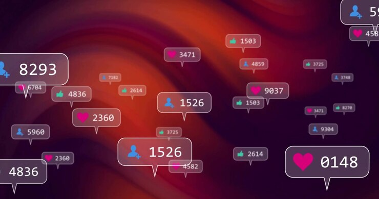 Ikoner for engagement på sociale medier svævende over abstrakt rød baggrund