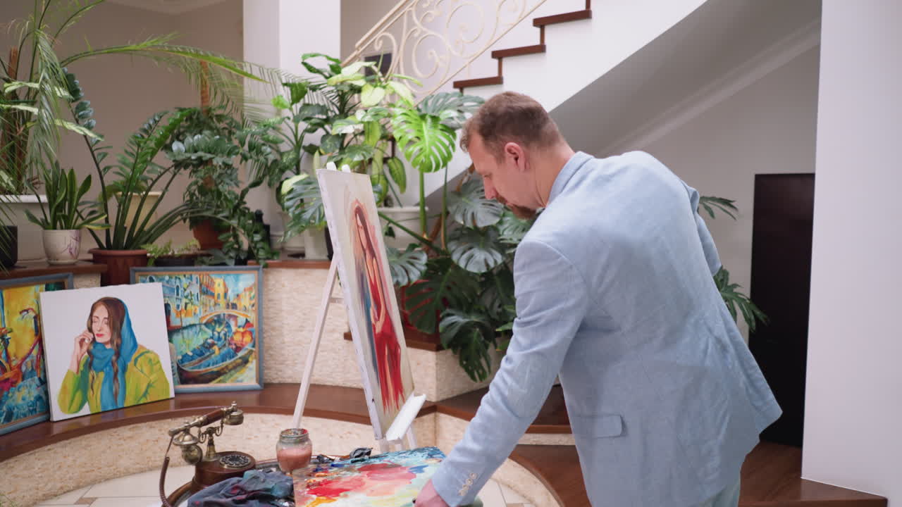 Artist skillfully renders woman portrait. Painting mirrors woman likeness with precision and artistry in art studio. Professional stroke of paintbrush