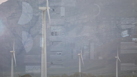 generating energy, wind turbines with data animation over mountainous landscape