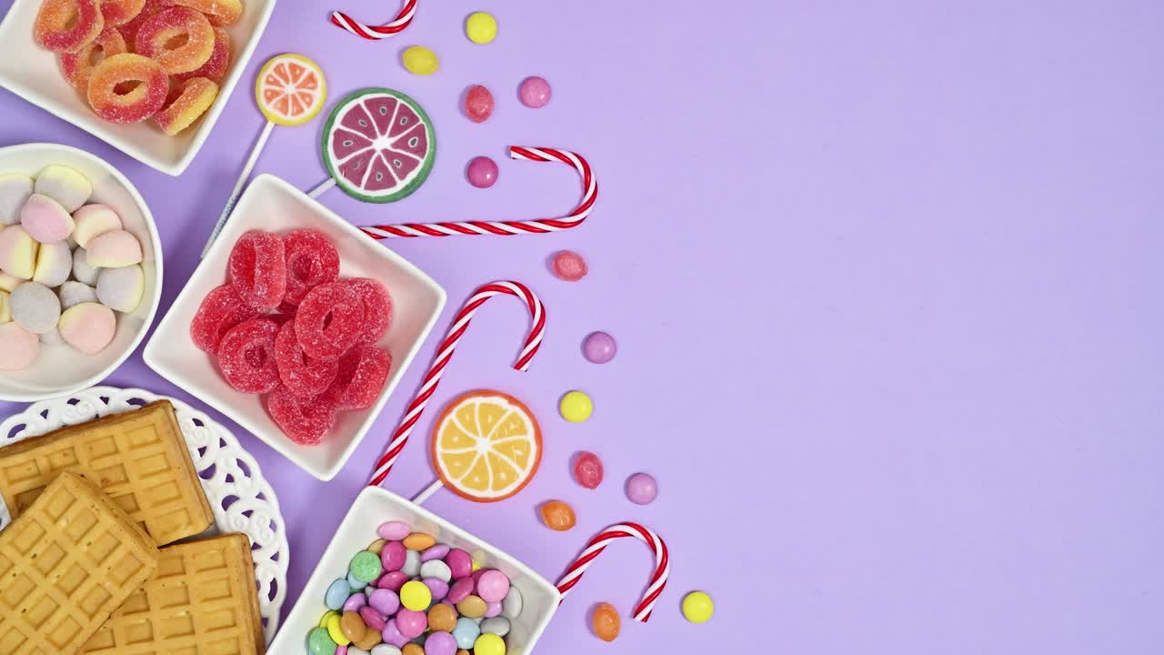 fondo púrpura pastel con deliciosos dulces, caramelos y piruletas en movimiento. detener el movimiento plana