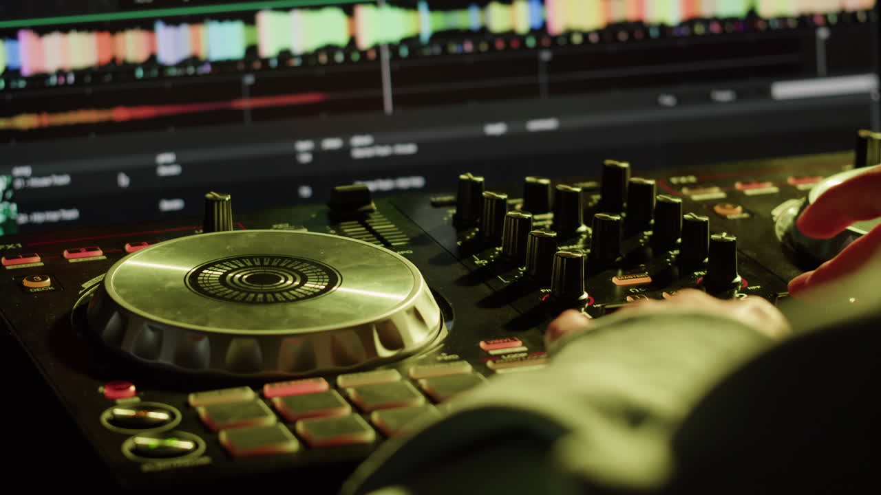 DJ with headphones and sunglasses playing music on festival in night club. Techno musician performing at nightclub for concert crowd of people, city bar.