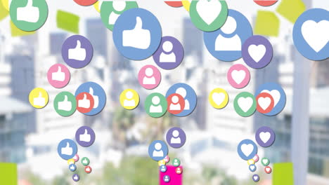 animation of multiple colourful digital social media icons flying over cityscape