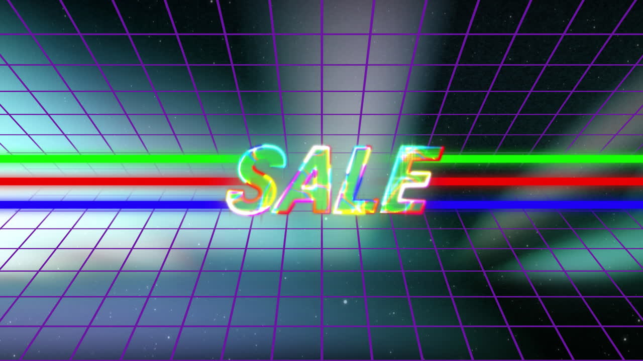 Glowing neon SALE text on retro grid background with animation effects