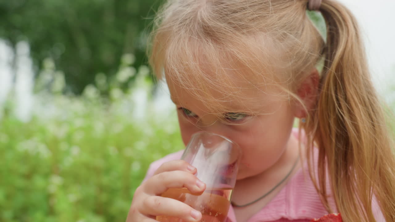 Bambino che gusta degli snack, bambino con codini rosa che assapora waffle e fragole all'aperto, bambina con gioia espressiva che gusta fragole fresche e waffle durante un picnic in giardino