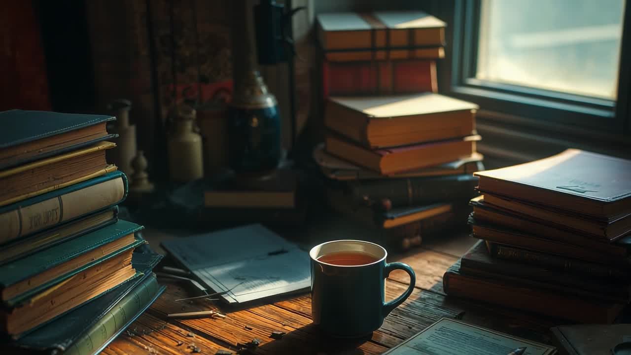 Panning camera over tea mug in library revealing book stacks, pen, daylight shining through window