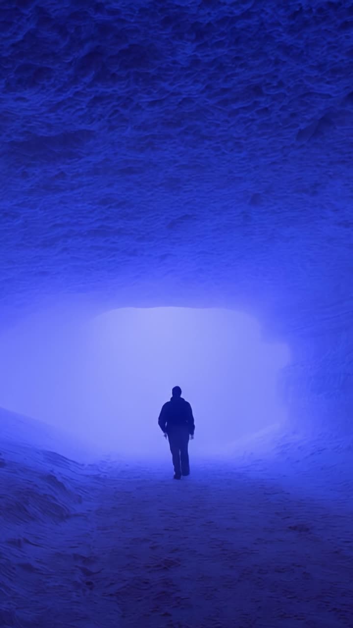 Uma figura solitária caminha por uma caverna azul etérea iluminada por uma luz suave, criando uma cena atmosférica que evoca uma sensação de solidão e exploração.