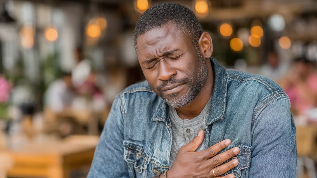 A man experiencing discomfort holds his chest, depicting a moment of distress in a casual setting with warm lighting and blurred background elements
