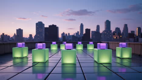 illuminated cubes on a city rooftop at twilight