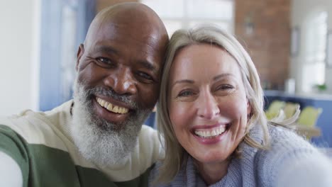 happy senior diverse couple in living room sitting on sofa, making video call