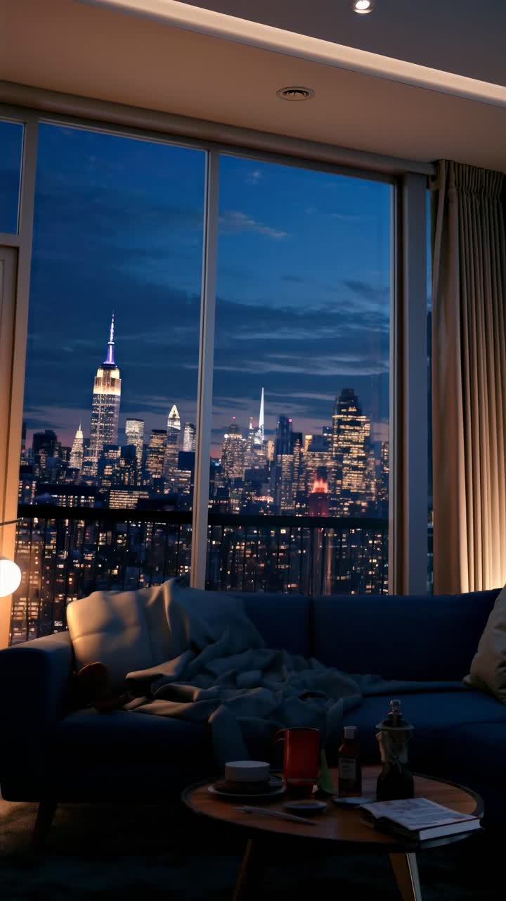 Un accogliente soggiorno con una vista panoramica della città di notte. L'inquadratura è ampia.