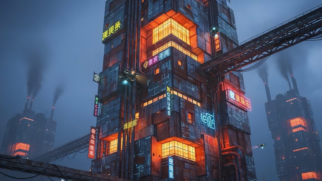 Futuristic Urban Skyline: A Dystopian Cityscape Glowing with Neon Lights and Smoke, Showcasing Tall Buildings and Hovering Drones in a Moody Atmosphere