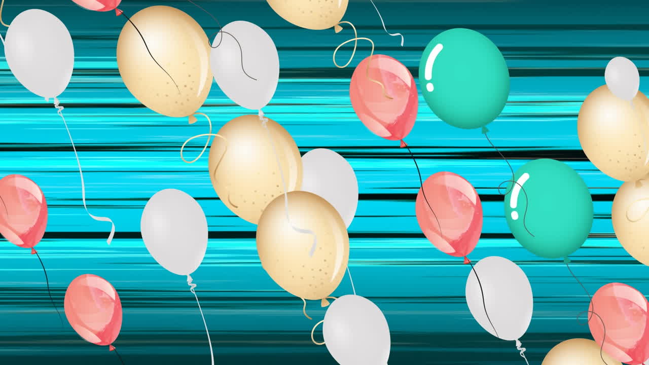 Animazione di palloncini colorati che volano su sfondo blu.