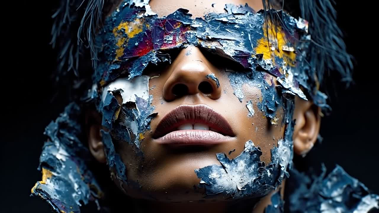 A woman with a mask covered in paint and feathers