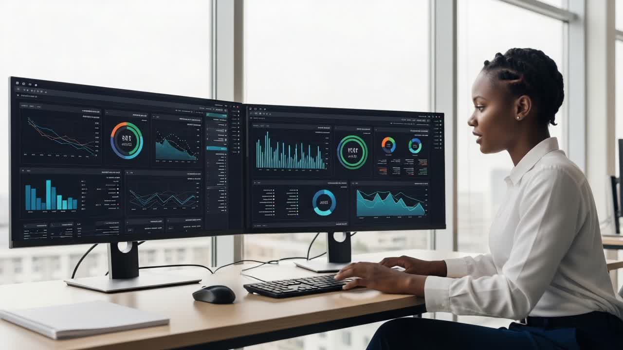 Focused Data Analyst Engaged with Dual Monitors, Analyzing Complex Financial Graphs and Metrics to Drive Business Insights in a Modern Office Environment