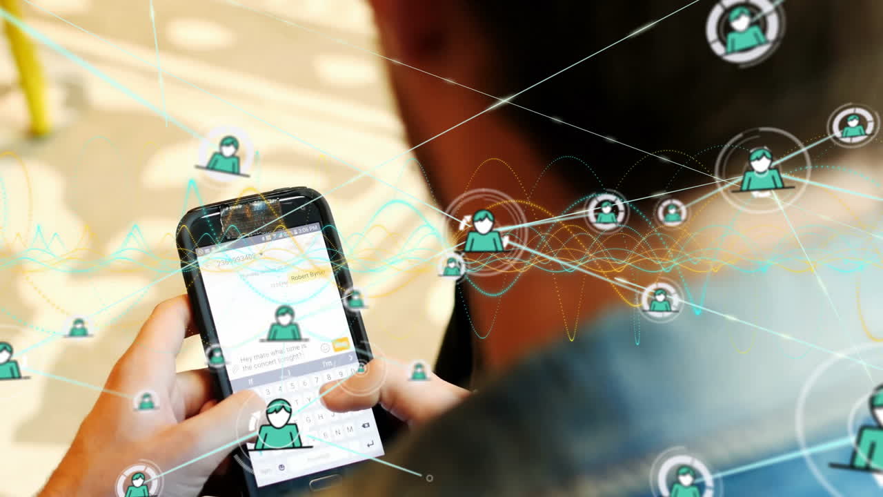 Person texting on smartphone with digital network connections overlay animation