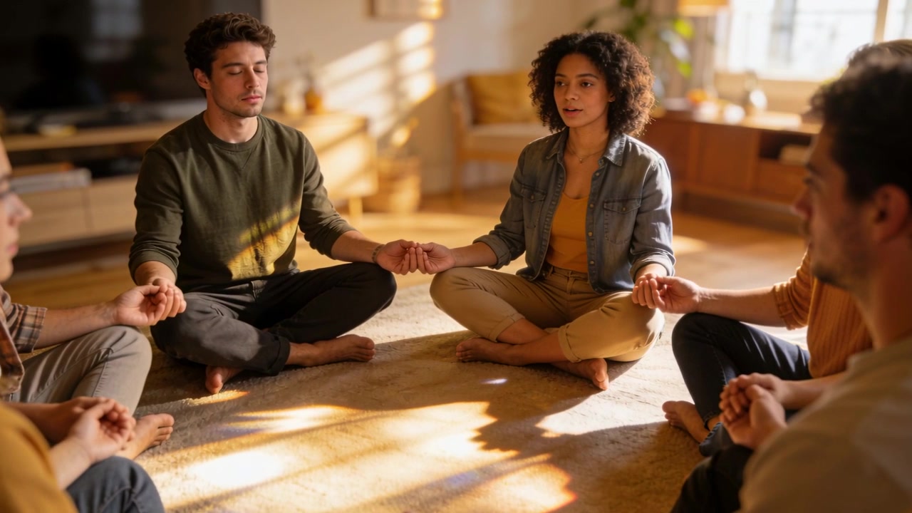 Donna in camicia di jeans che apre gli occhi, guida una meditazione in un soggiorno illuminato dal sole, tenendo le mani unite.