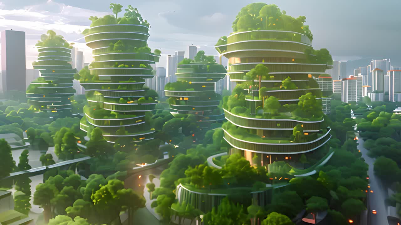 Futuristic Green City with Eco-Friendly Skyscrapers