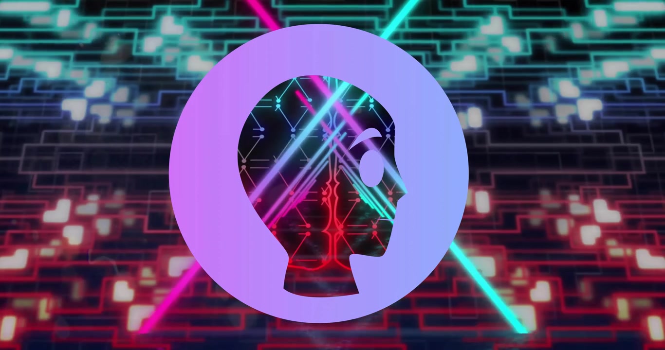 Animation of robot in circle with illuminated abstract tunnel and moving lines over black background