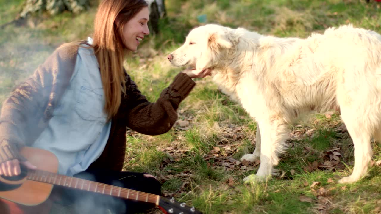 mujer acariciando suavemente al perro blanco juntos alrededor de la chimenea. verdaderos amigos personas al aire libre acampando tiendas de vacaciones en el viaje de otoño. caída día soleado en la naturaleza, la unión y la amistad de los animales. video 4k