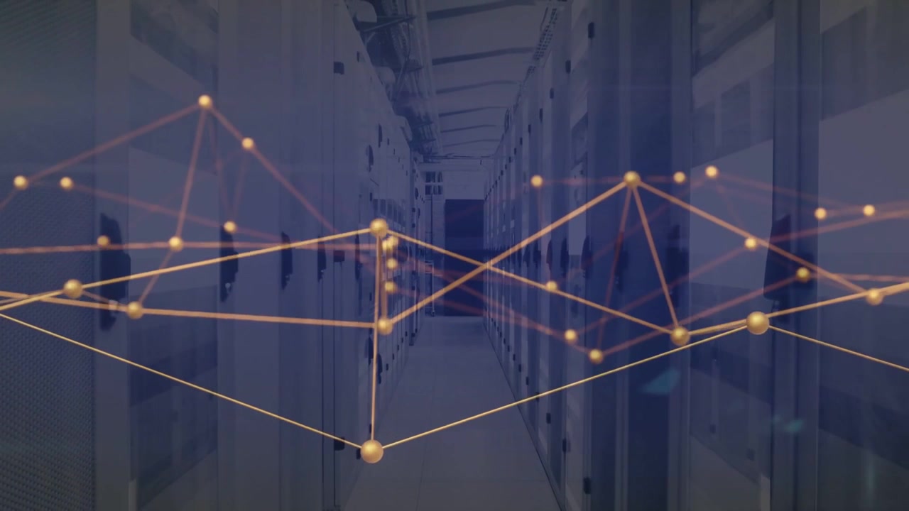 Server racks holding still in datacenter as datastream driving graph pulsing nodes mapping traffic
