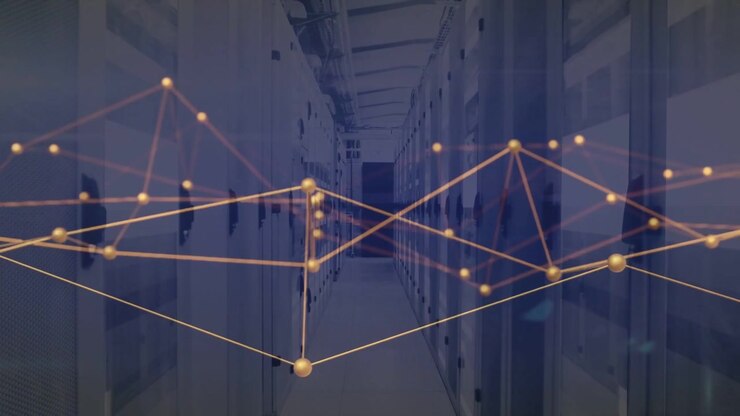 Server racks holding still in datacenter as datastream driving graph pulsing nodes mapping traffic